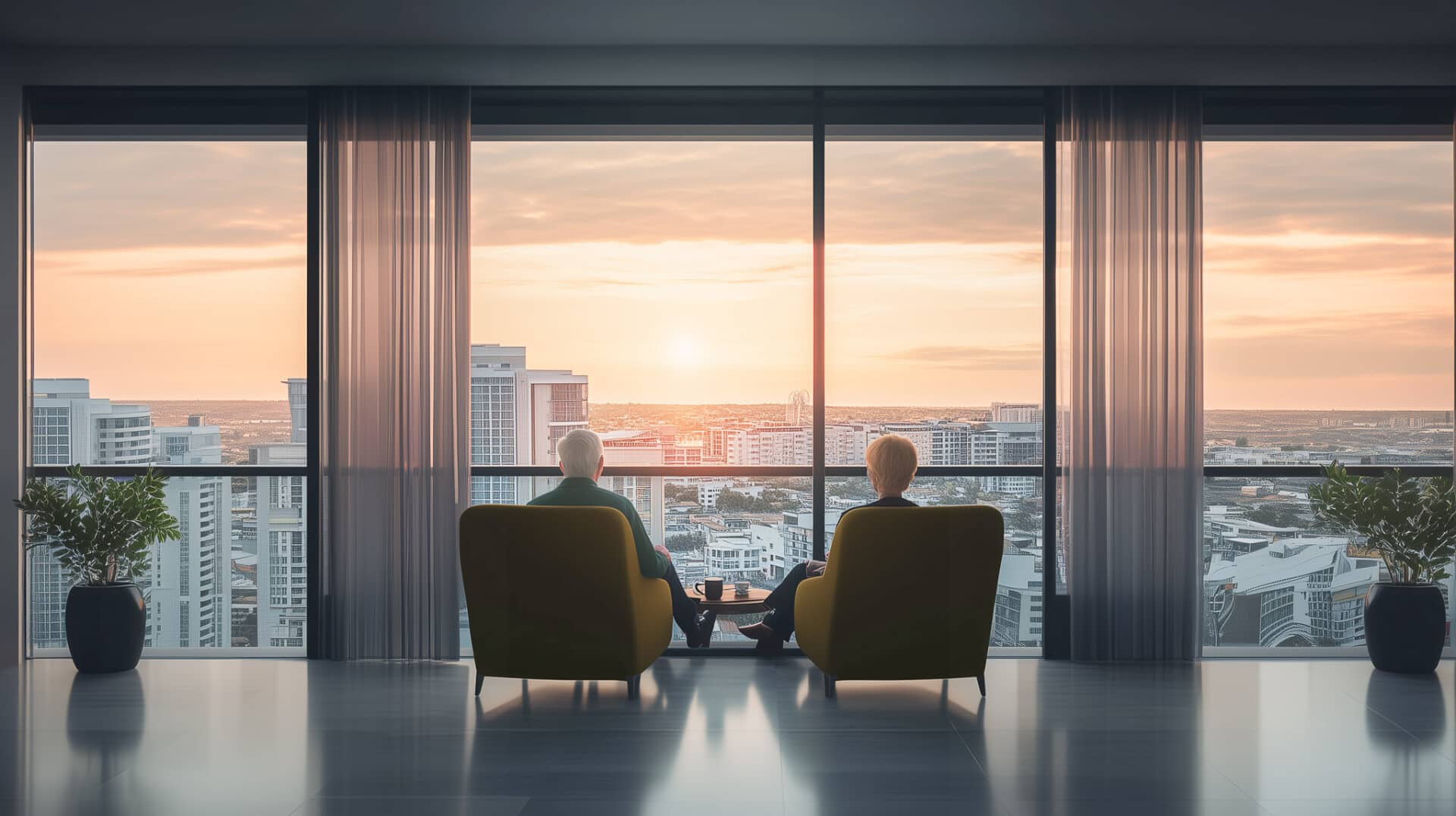 KI-generiertes Foto von zwei älteren Menschen auf goldenen Sesseln die auf die Skyline einer Stadt aus ihrem Apartment schauen