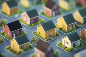 KI-generiertes Foto von einer Stadt mit mehreren Häusern und Grundstücken, die wie Pappsteller aussehen, gelbe und rote Häuser stehen einzeln auf kleinen Grundstücken
