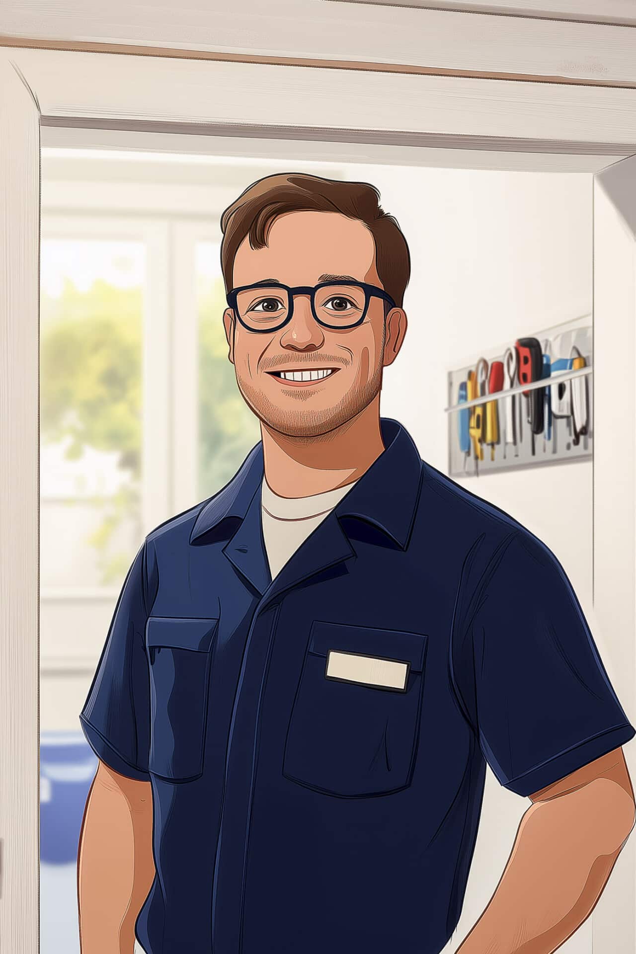 KI generiertes Foto eines Mannes mit Brille und Lächeln im Gesicht, Foto für offene Stellen in der Immobilienverwaltung als Hausmeister