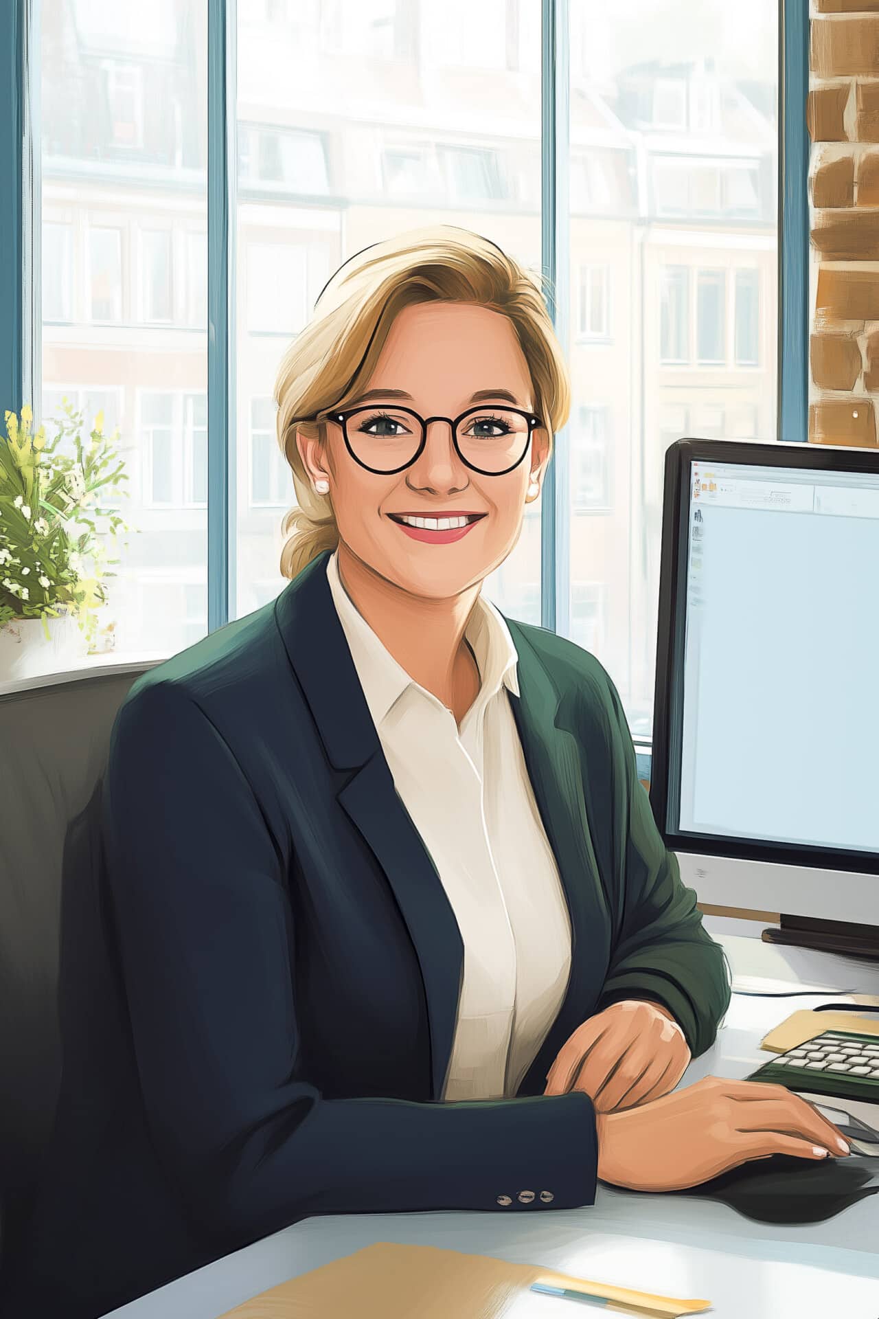 KI generiertes Foto einer blonden Mitarbeiterin mit Brille an ihrem Schreibtisch im Büro, Foto für offene Stellen in der Immobilienverwaltung
