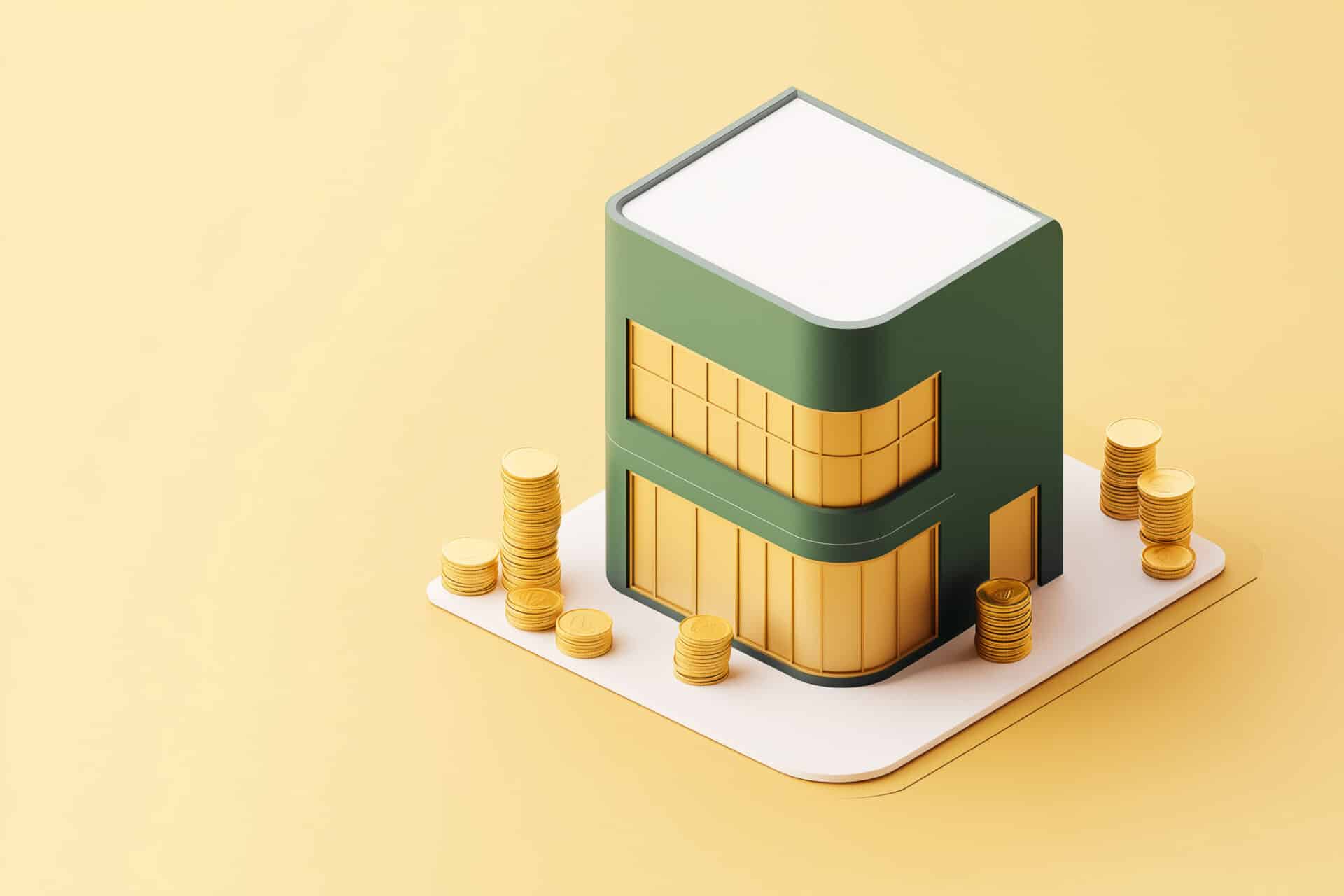 KI-generierte 3D-Illustration mit einer grünen Immobilie und Geldmünzen-Stapel, gelber Hintergrund | IMMO.BEING Hausverwaltung, Finanzierung