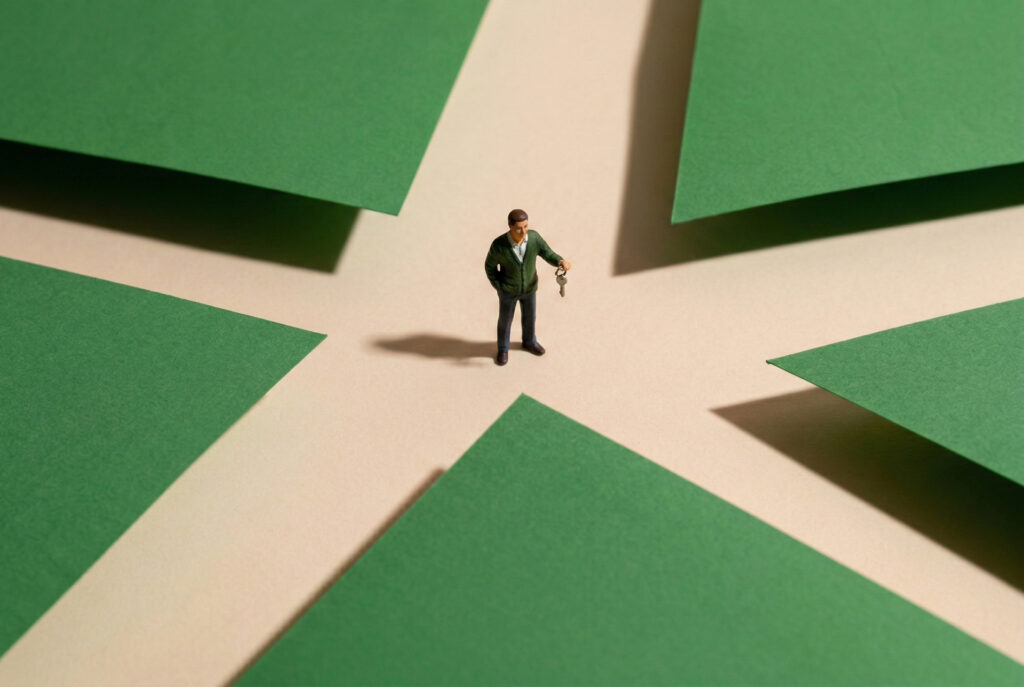 Foto einer Miniaturfigur, die eine Kreuzung aus grünen Papier-Farbflächen betrachtet, während sie einen Schlüssel in der Hand hält, aufgenommen aus der Vogelperspektive • Hausverwaltung wechseln IMMO.BEING Hausverwaltung WEG Verwaltung