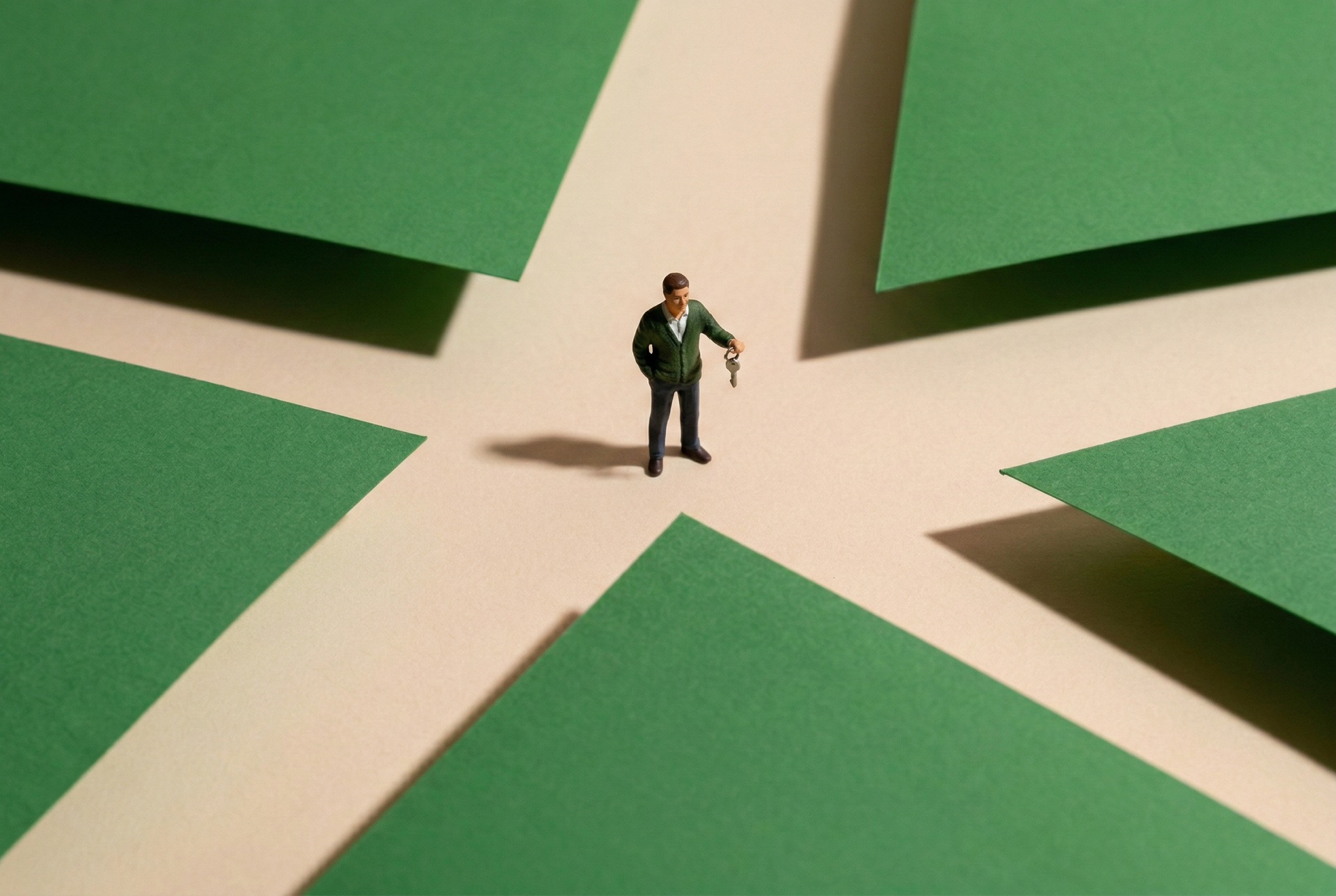 Foto einer Miniaturfigur, die eine Kreuzung aus grünen Papier-Farbflächen betrachtet, während sie einen Schlüssel in der Hand hält, aufgenommen aus der Vogelperspektive • Hausverwaltung wechseln IMMO.BEING Hausverwaltung WEG Verwaltung