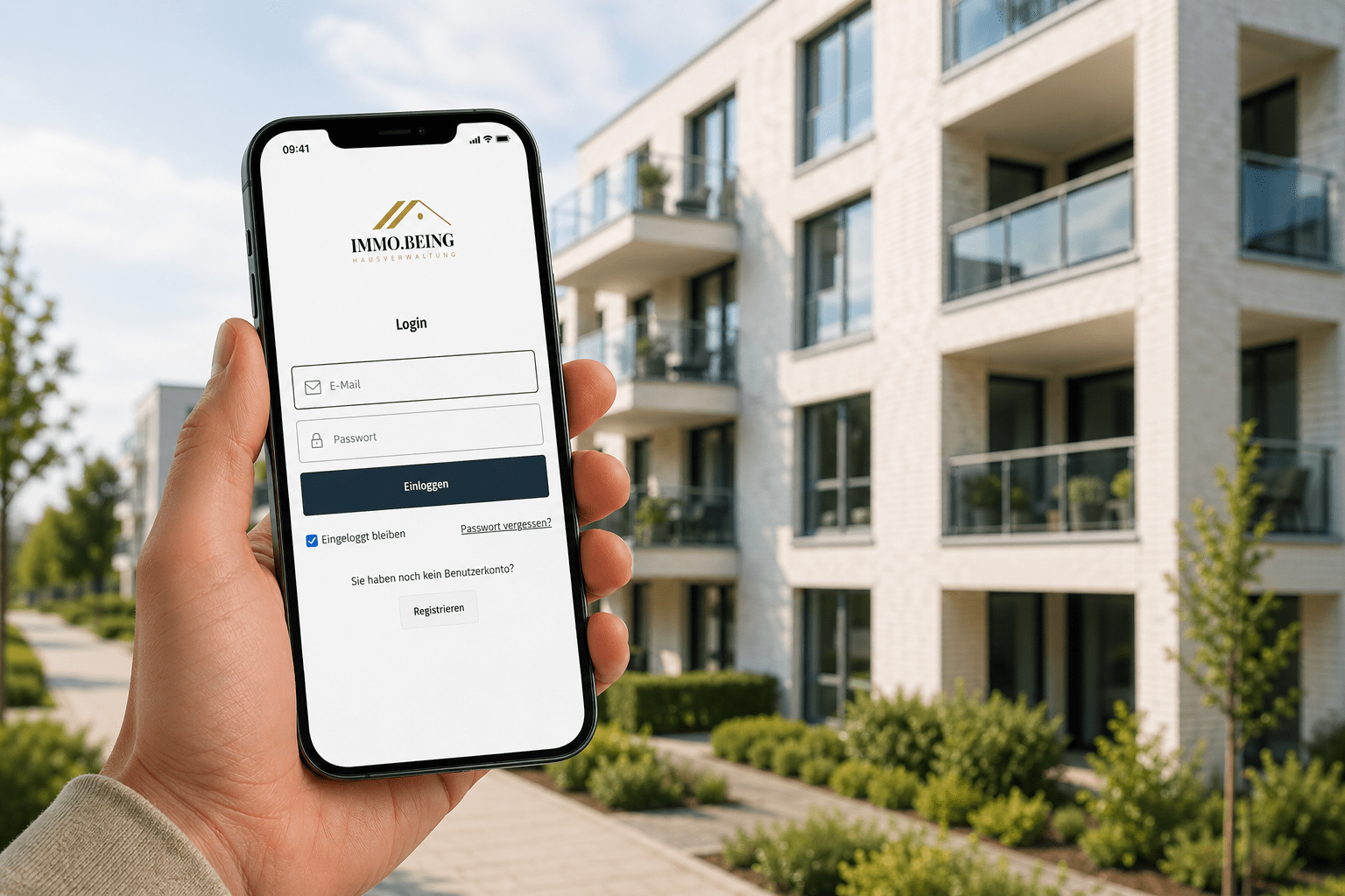 Smartphone mit IMMO.BEING App-Login in der Hand vor modernem Mehrfamilienhaus – digitale Hausverwaltung Kundenportal
