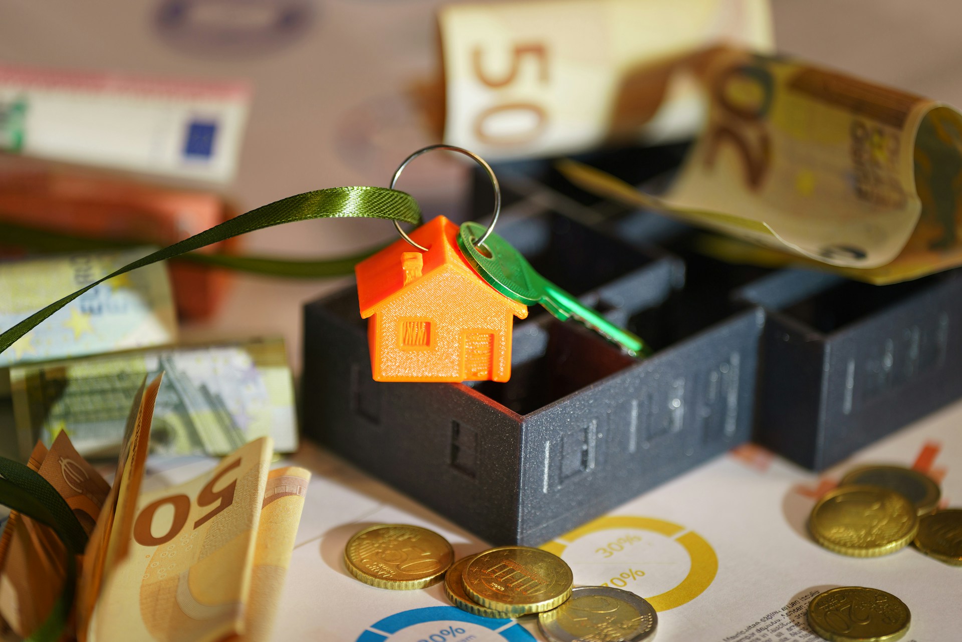 IMMO.BEING Hausverwaltung, Blogbeitrag über Hausgeld WEG, kleines orangenes Plastikhaus umgeben von Geld, symbolisch für Hausgeld
